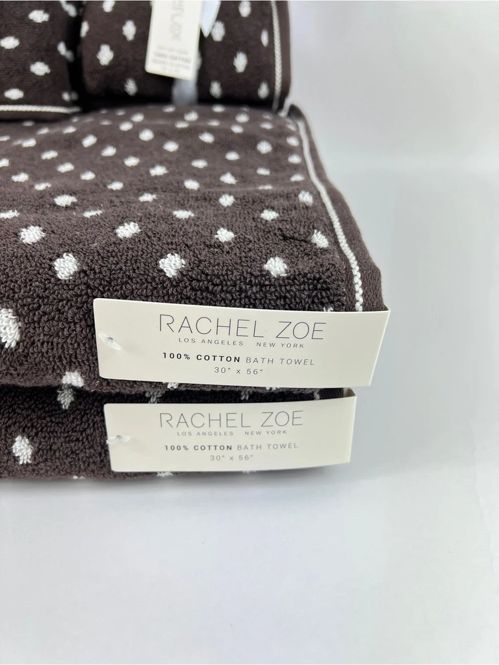 Rachel Zoe Bath Towel Set Brown Off White Polka Dots Soft 100% Cotton 8 Pc NEW